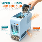 Diagram of the airflow: heavier good seed falls down into the front drawer while the lighter empty husks are carried away by the airflow.