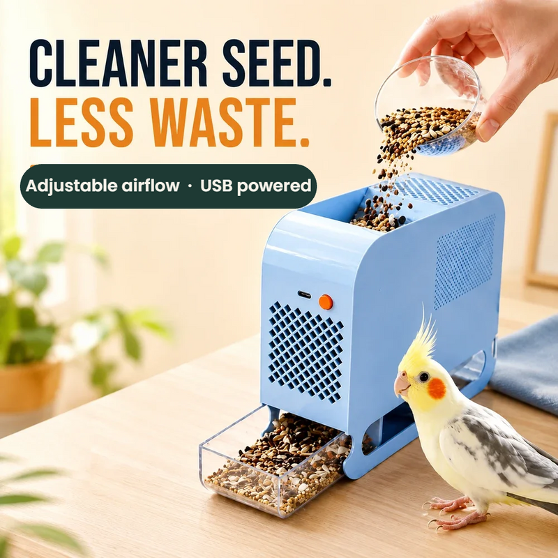 Blue Electric Bird Seed Separator on a kitchen bench with a cockatiel beside it, seed being poured into the top tray. Caption: adjustable airflow, USB powered.