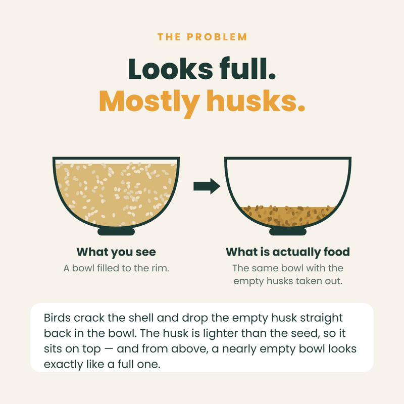 Diagram: a bird bowl that looks full of seed next to the same bowl with the empty husks removed, showing much less actual food.