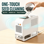 White Electric Bird Seed Separator with seed being poured in. Caption: tip it in, switch on, pour it back.