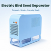 Studio photo of the blue Electric Bird Seed Separator showing the vent panel, power button and clear front collection drawer.